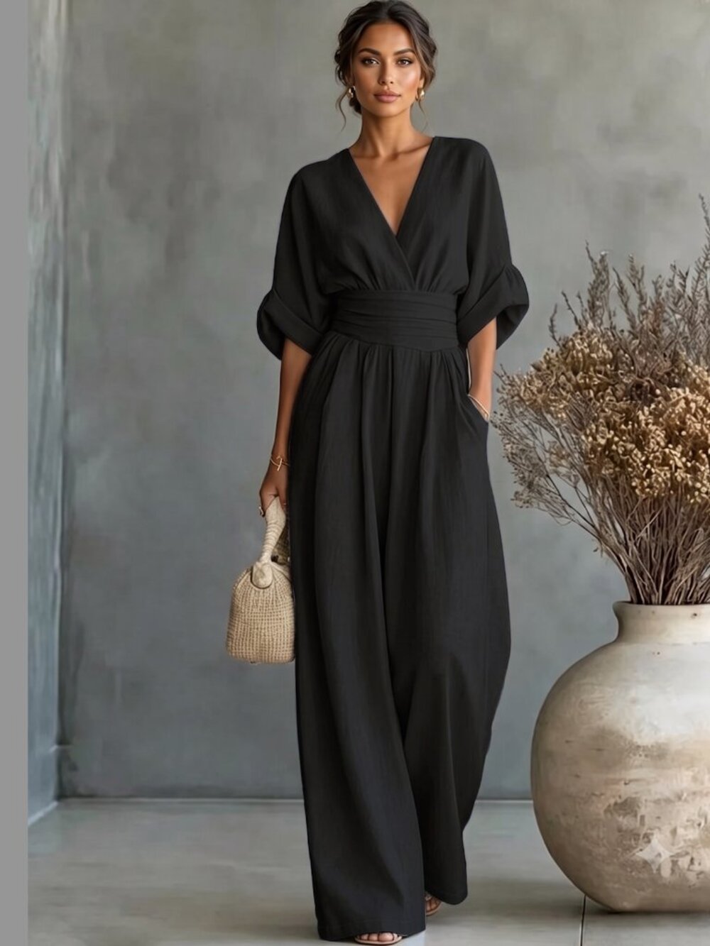 Chic Black V-Neck Wide Leg Maxi Jumpsuit | Cinched Waist & Pockets